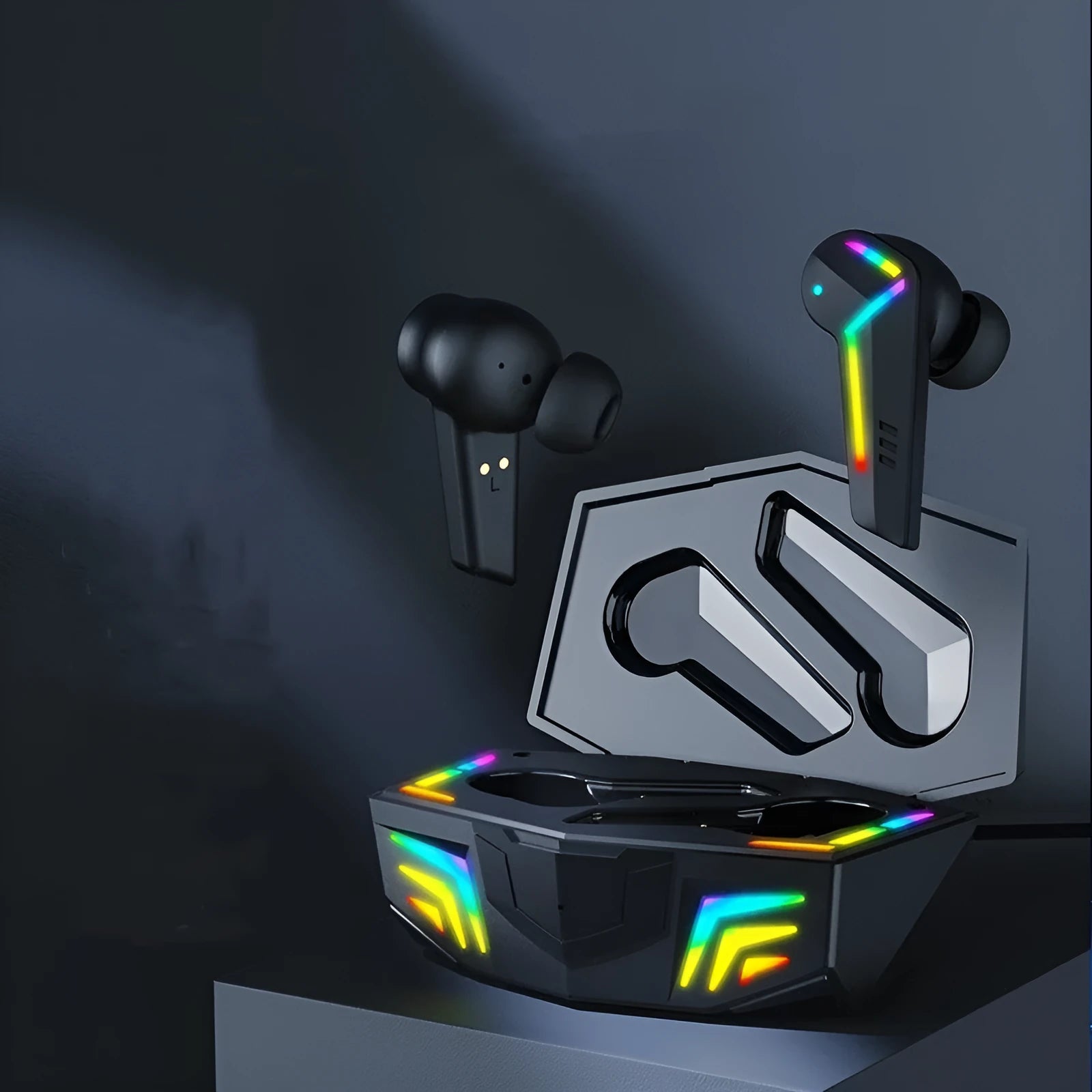 Small black wireless TWS Bluetooth gaming headset with earplug design