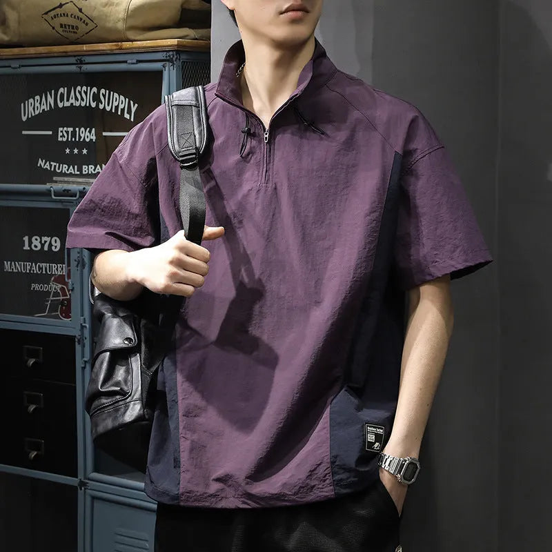 Men's brown half zip stand collar shirt with short sleeves and loose fit for summer business casual wear