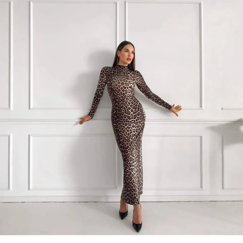 Leopard print women's long dress with stand collar and long sleeves