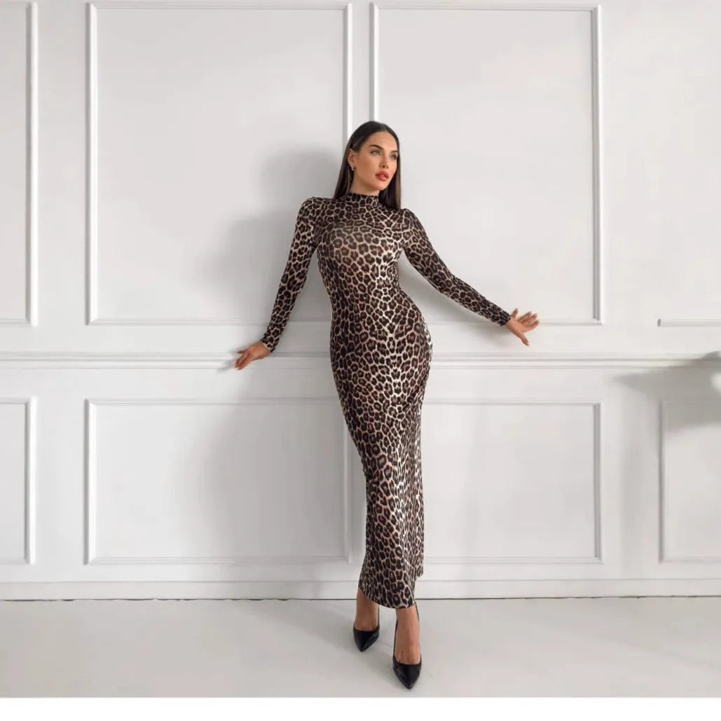 Leopard print women's long dress with stand collar and long sleeves