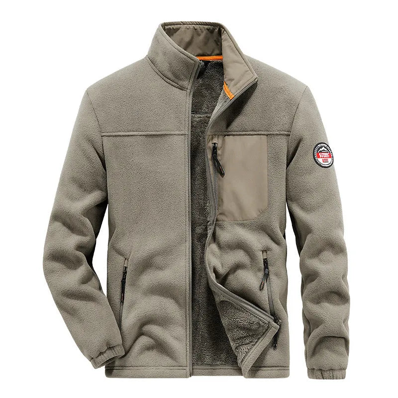 Men's grey thick fleece cardigan jacket with zipper pockets on a solid colour background.
