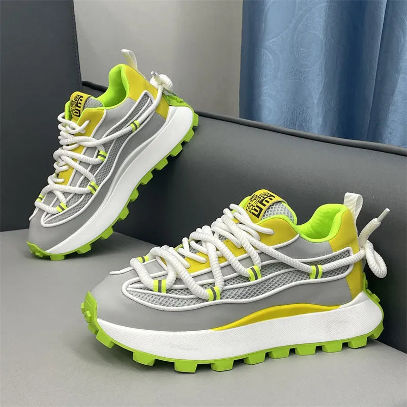 Thick sole height increasing board shoes in white, green, and blue, with mesh upper and rubber sole