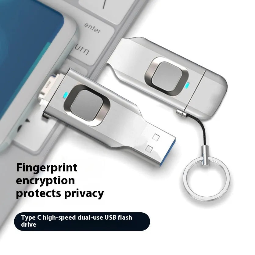 Black fingerprint encrypted USB flash drive showing both USB 3.0 and Type-C interfaces with metal casing
