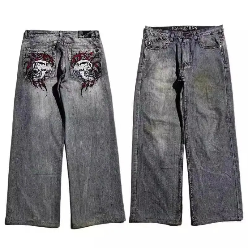 Grey wide-leg men's jeans with retro washed finish and straight-leg opening