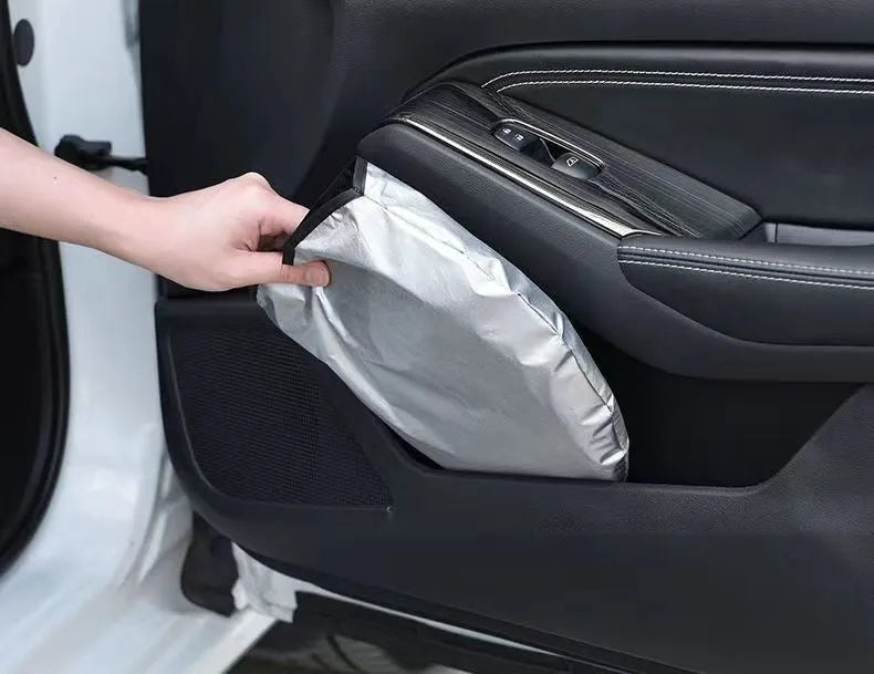 Titanium silver aluminium foil car sunshade shown in a rectangular shape for windshield protection.