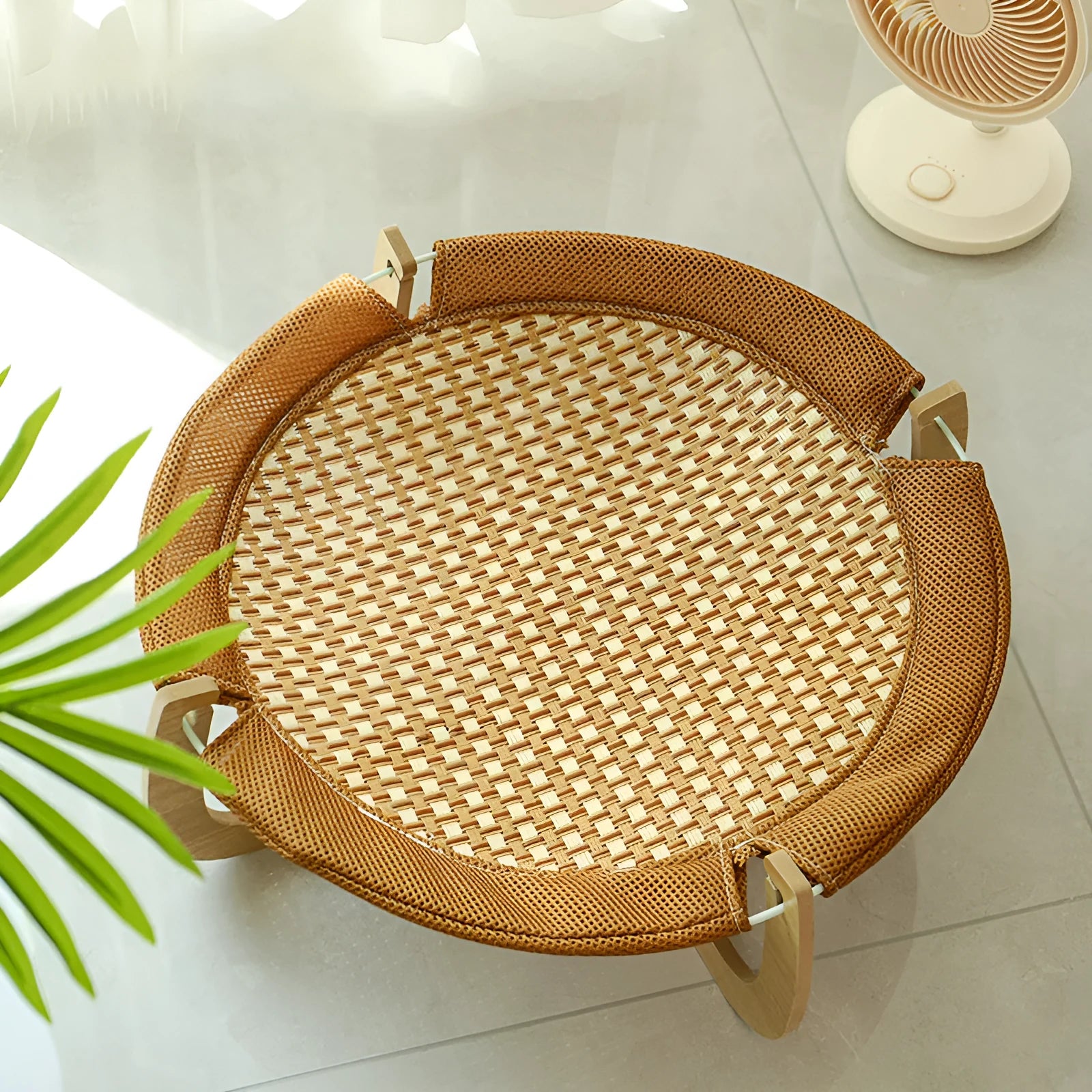 Brown woven rattan cat hammock measuring 46cm with 17.5cm height for elevated pet sleeping