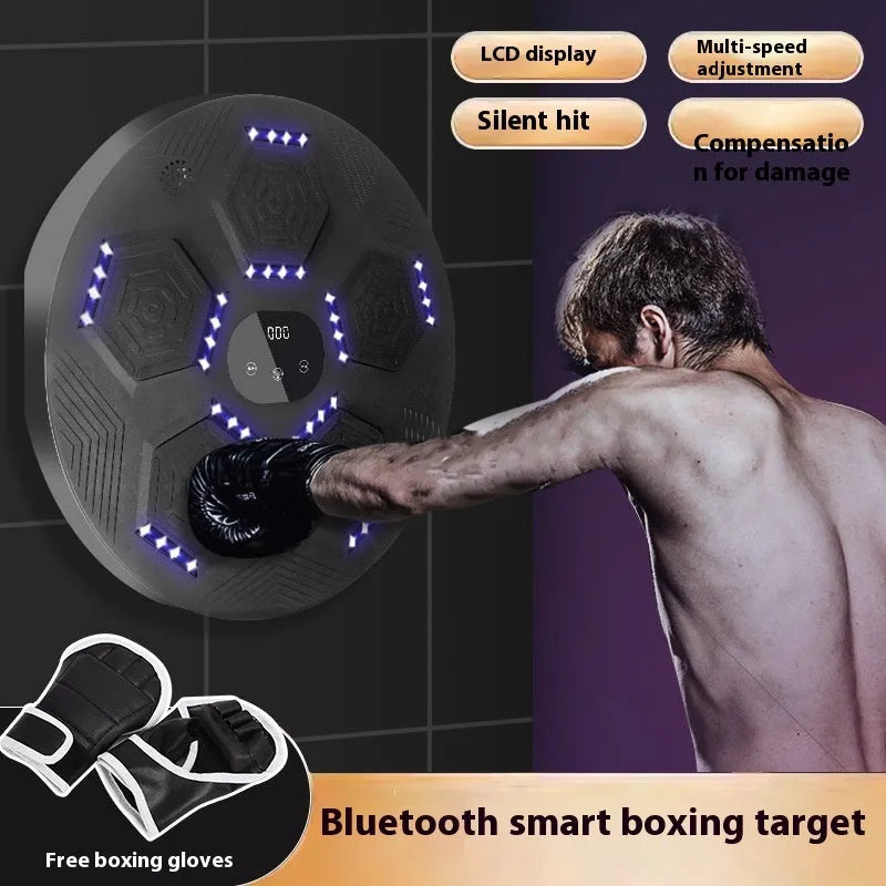 Smart music boxing machine reaction target hanging on wall with matching training gloves