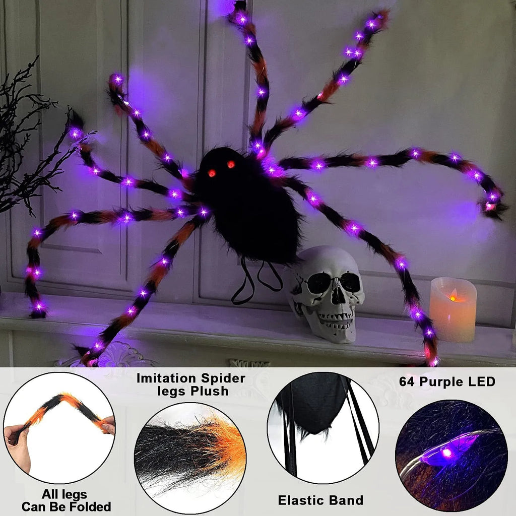 Halloween spider backpack with LED lights in plush construction showing orange purple light colour variant