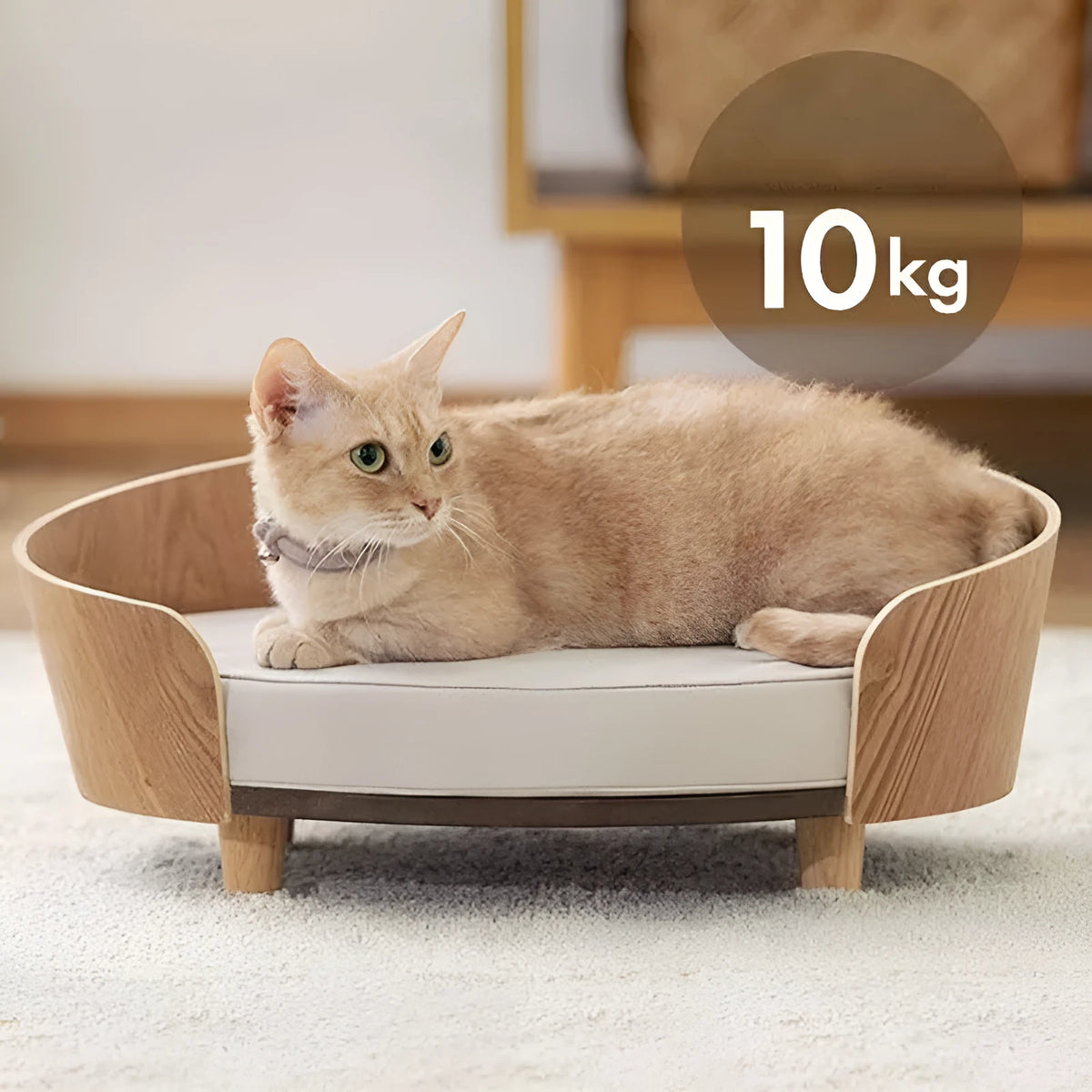Brown wooden pet bed with cushion, 49cm wide, 35.5cm deep, 19.5cm high, for cats and small dogs