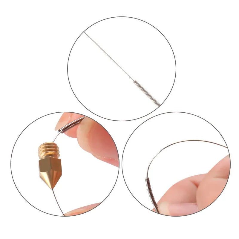 Pack of ten metal cleaning needles for unclogging MK8 and E3D 3D printer nozzles.
