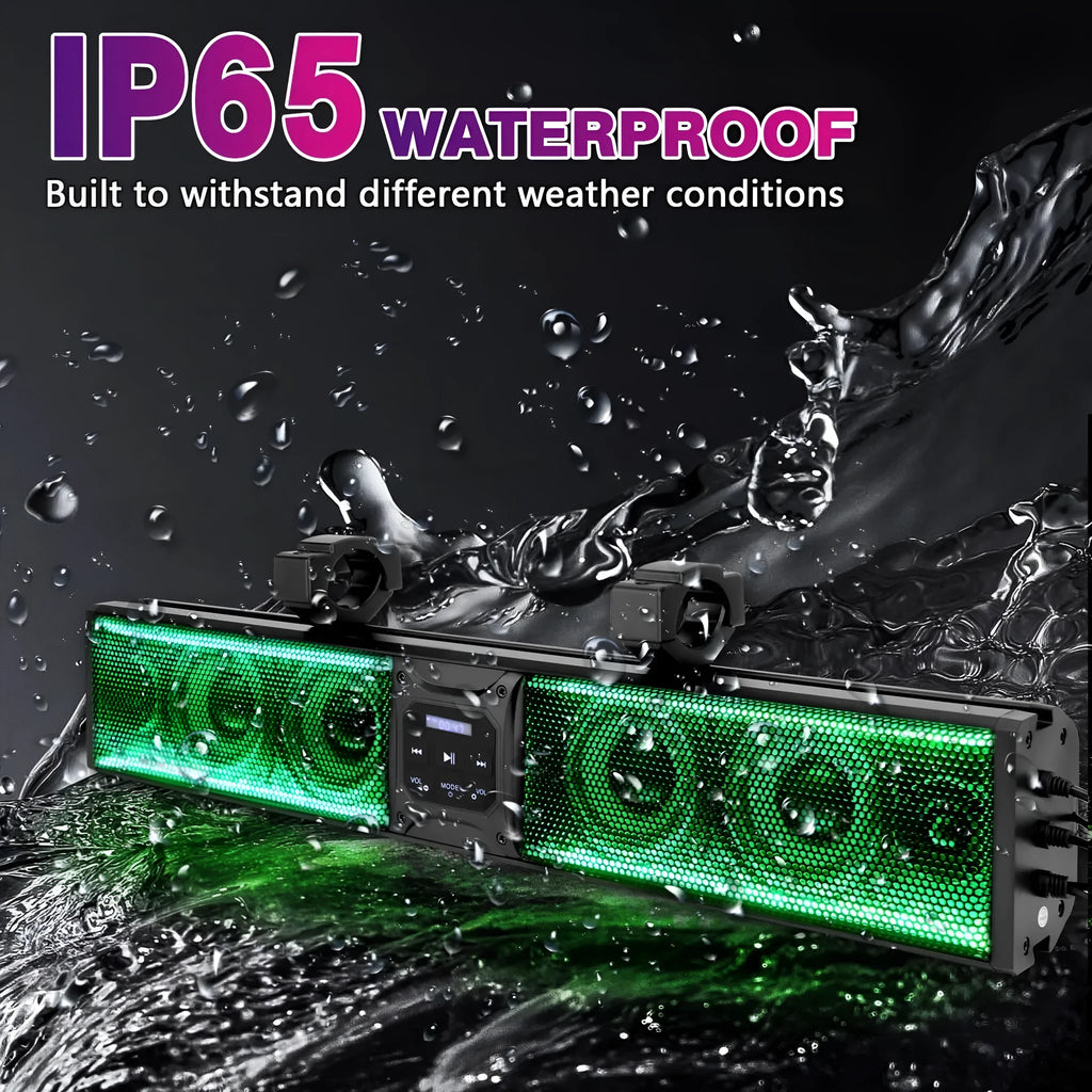 Portable Bluetooth speaker soundbar for beach cars and golf carts in plastic housing.
