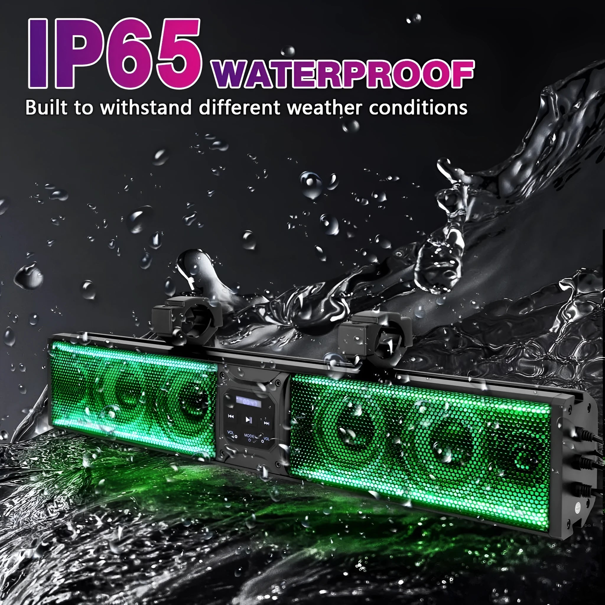 Portable Bluetooth speaker soundbar for beach cars and golf carts in plastic housing.