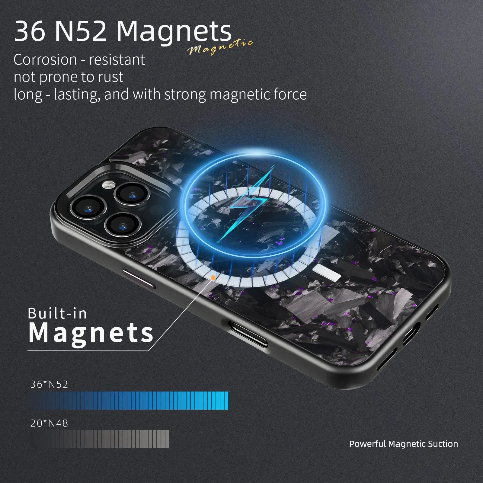 Black carbon fibre iPhone case with metal frame showing magnetic ring and precise camera cutouts