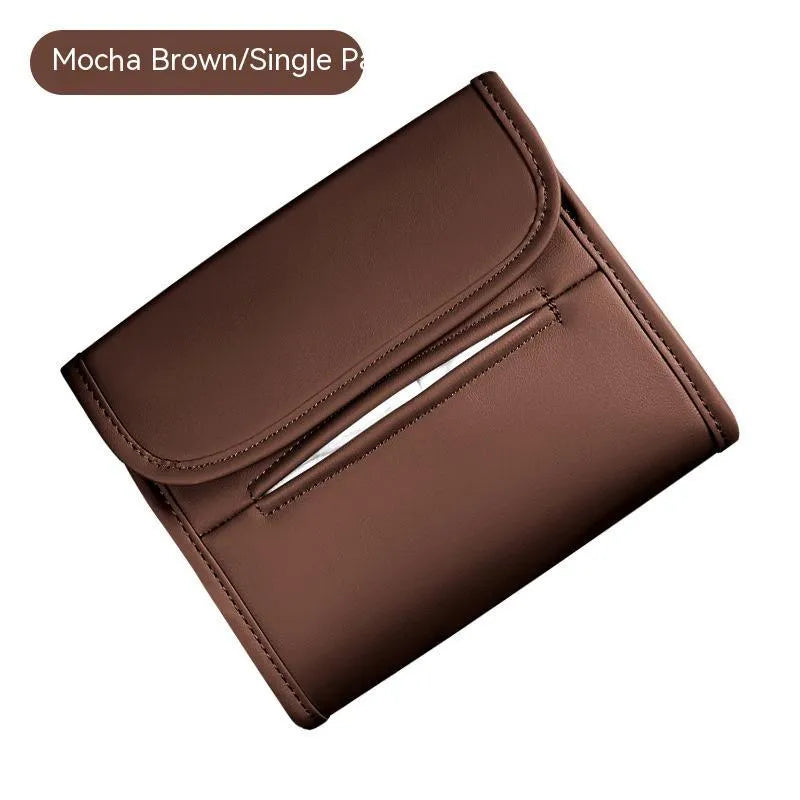 Leather car tissue box holder with elastic strap mounted on vehicle sun visor