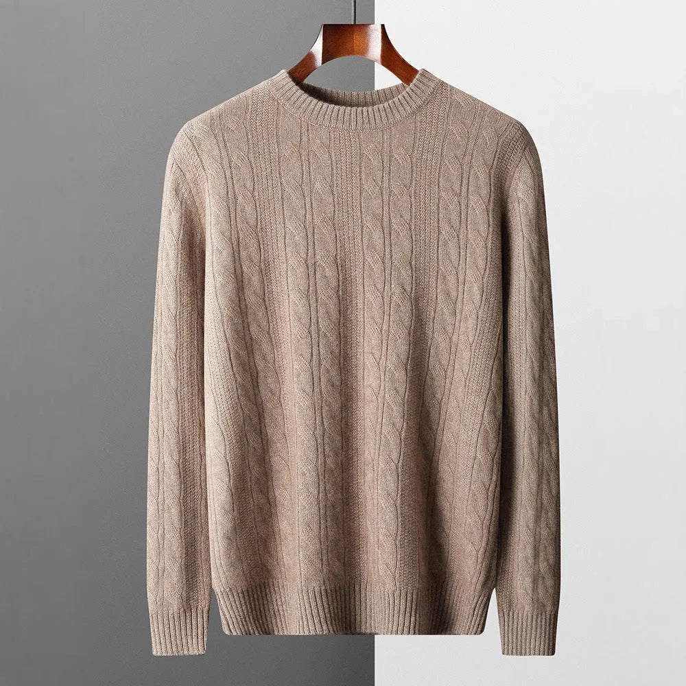 Men's double-strand thickened jacquard knitted pullover sweater in camel colour, loose fit, long sleeves
