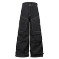 Black multi-pocket pleated workwear jeans with zip placket closure on mannequin