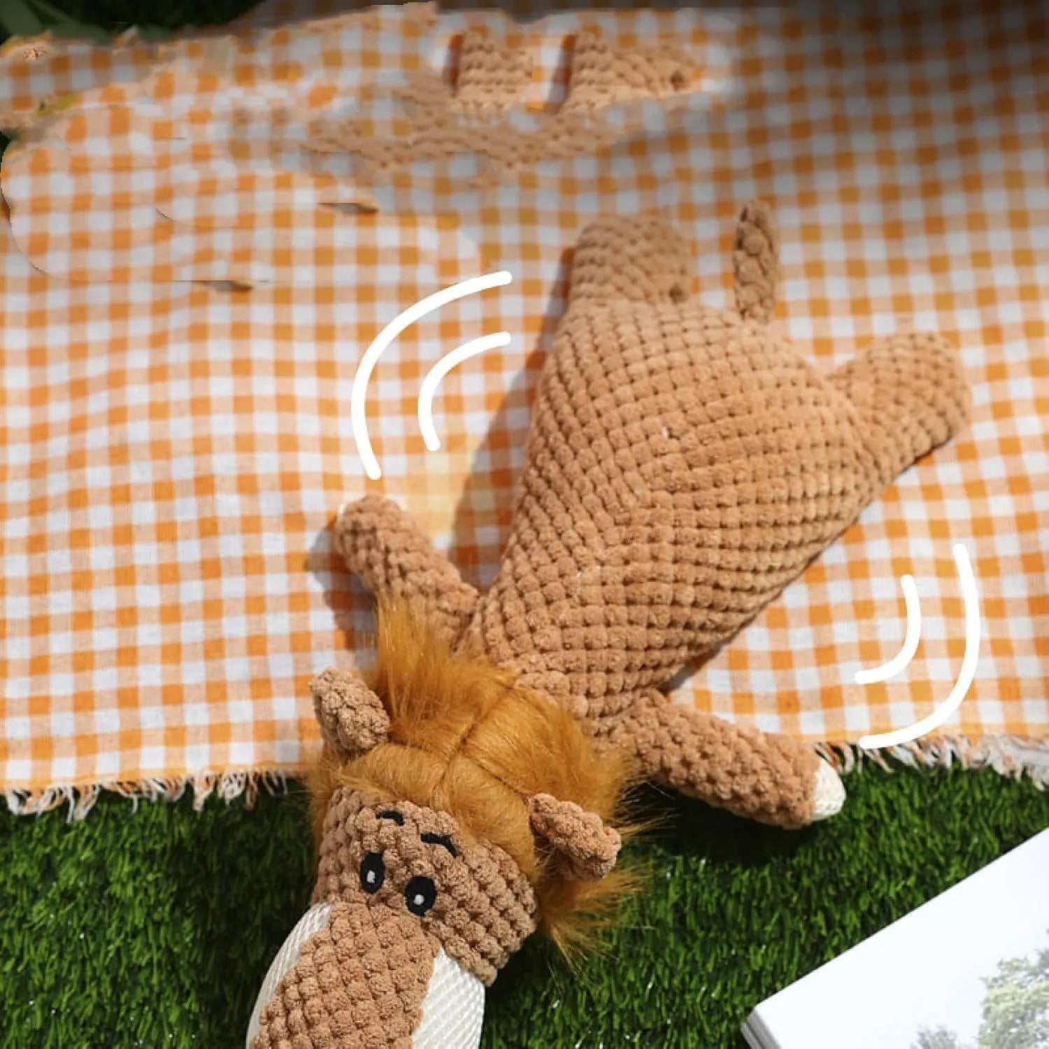 Plush dog toy with corn-kernel texture and animal shapes in green, grey or yellow