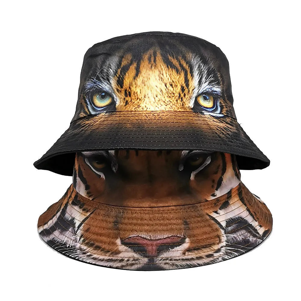 Tiger pattern polyester bucket hat in khaki or black with dome crown measuring 56-58cm