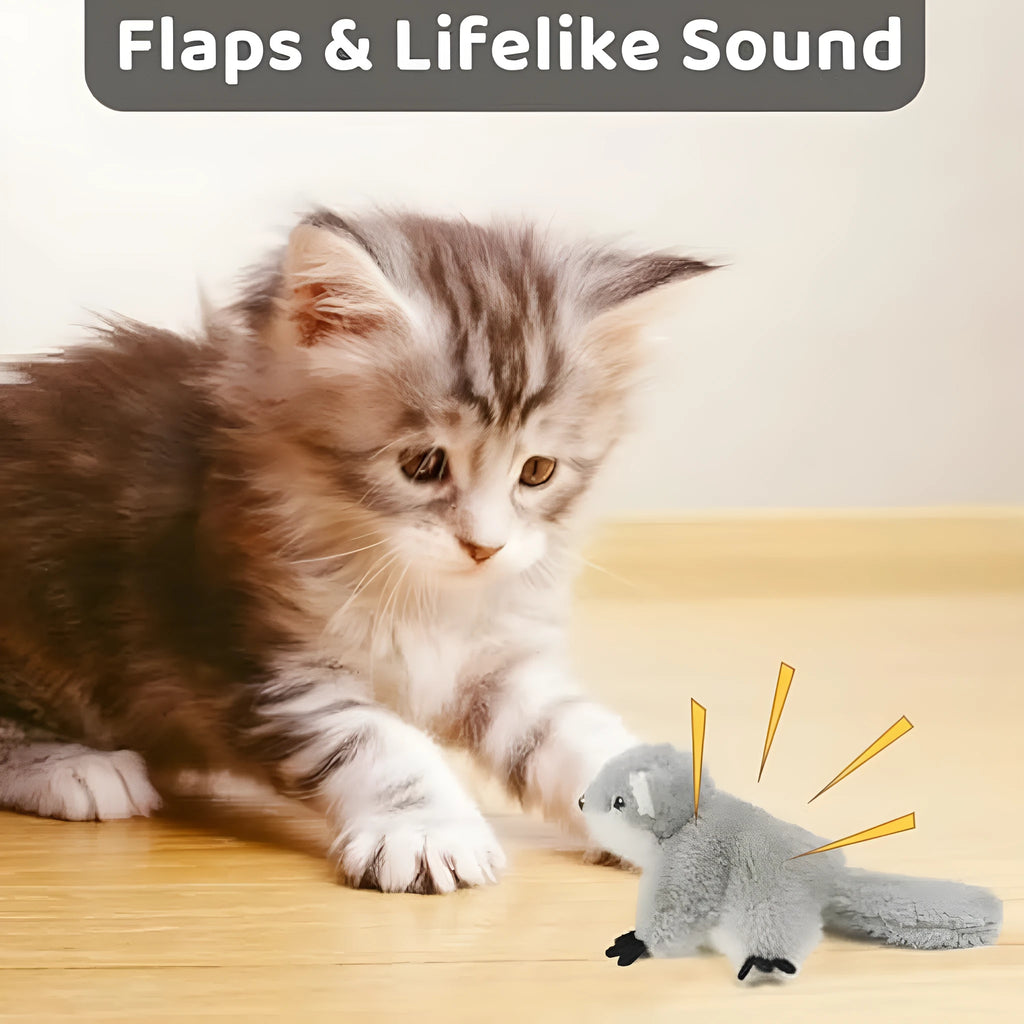Gray squirrel cat kicker toy with flapping wings and USB charging port
