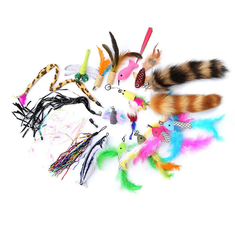 Cat teasing pole set with two fishing rods and ten feather replacement heads