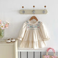 Girls' apricot long sleeve dress with flower embroidery and ruffled details, cotton fabric, princess skirt style