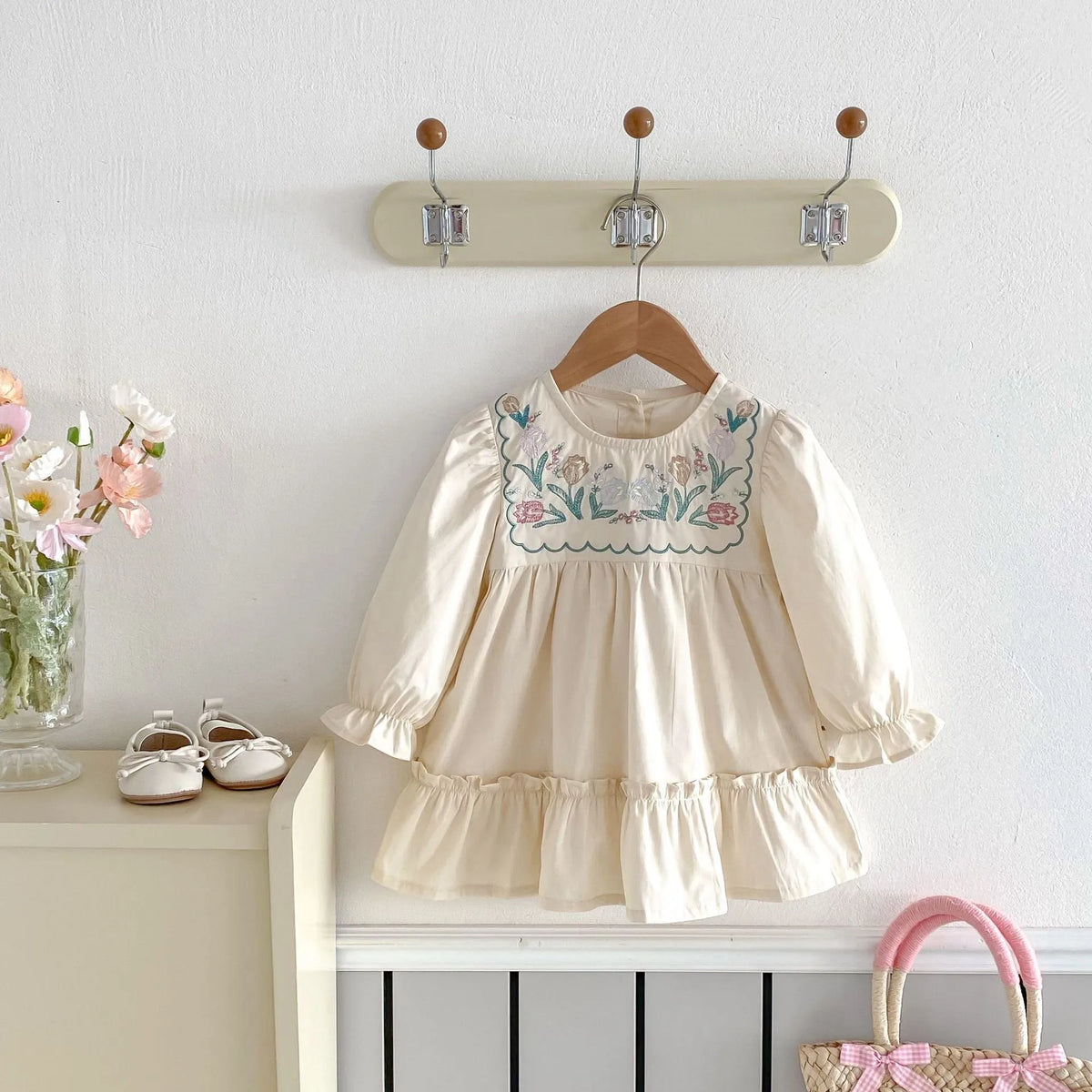 Girls' apricot long sleeve dress with flower embroidery and ruffled details, cotton fabric, princess skirt style