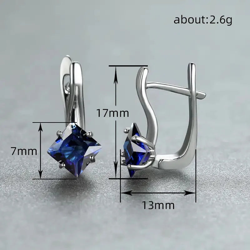 Copper women's diamond design stud earrings with inlaid zircon stones in blue, colour, and green options