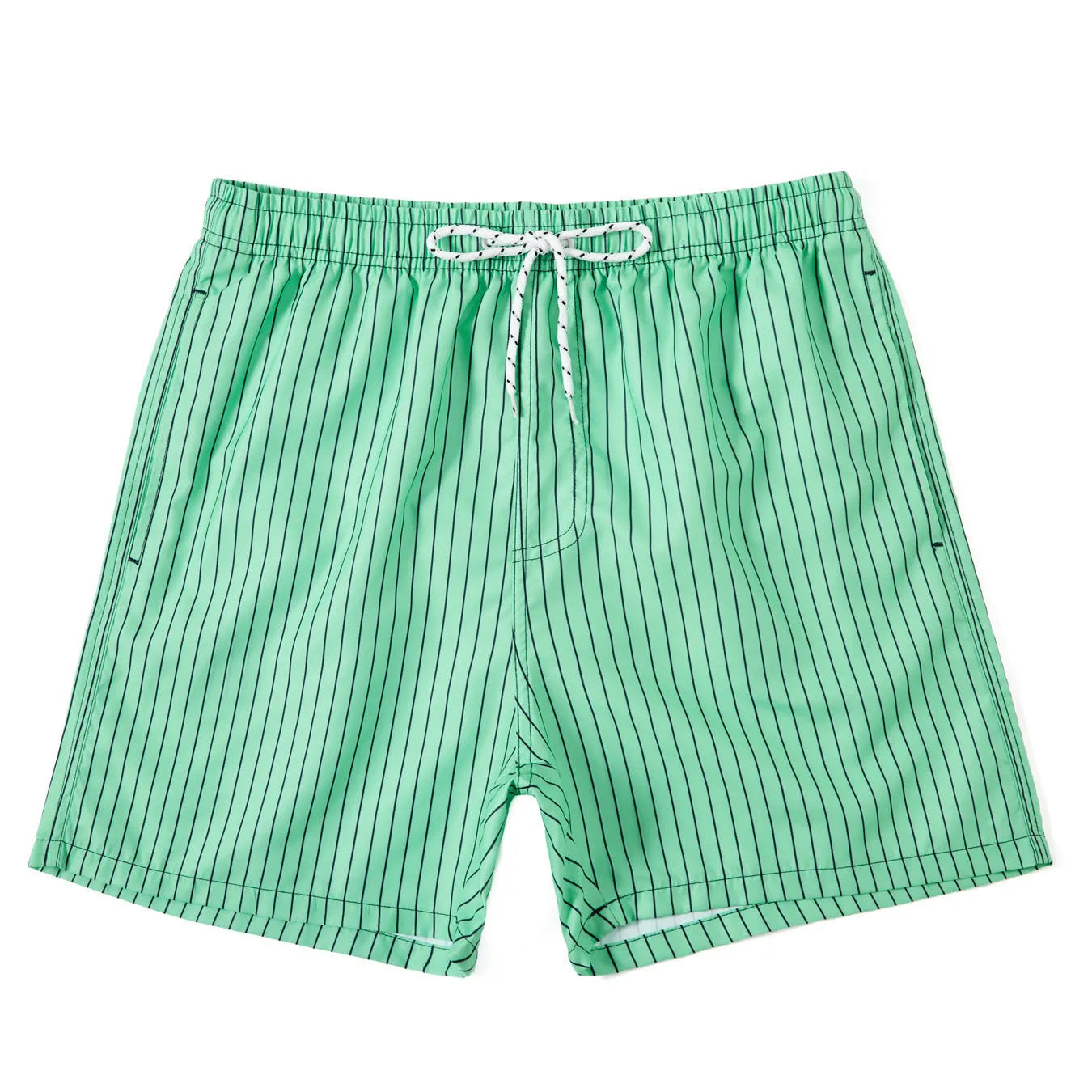 Striped polyester beach shorts in navy blue, shown with straight leg openings and triangle lining.