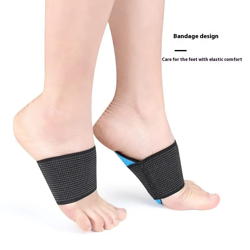 Blue elastic bandage arch support foot pads for adults and children on a white background.