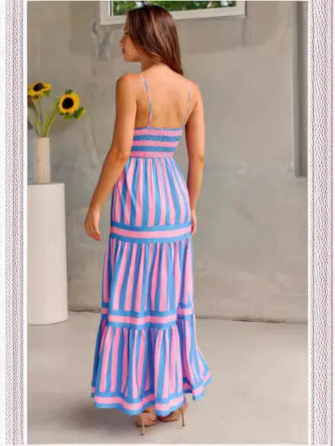 Women's backless summer dress with square neck, suspender straps and side pockets in striped pattern