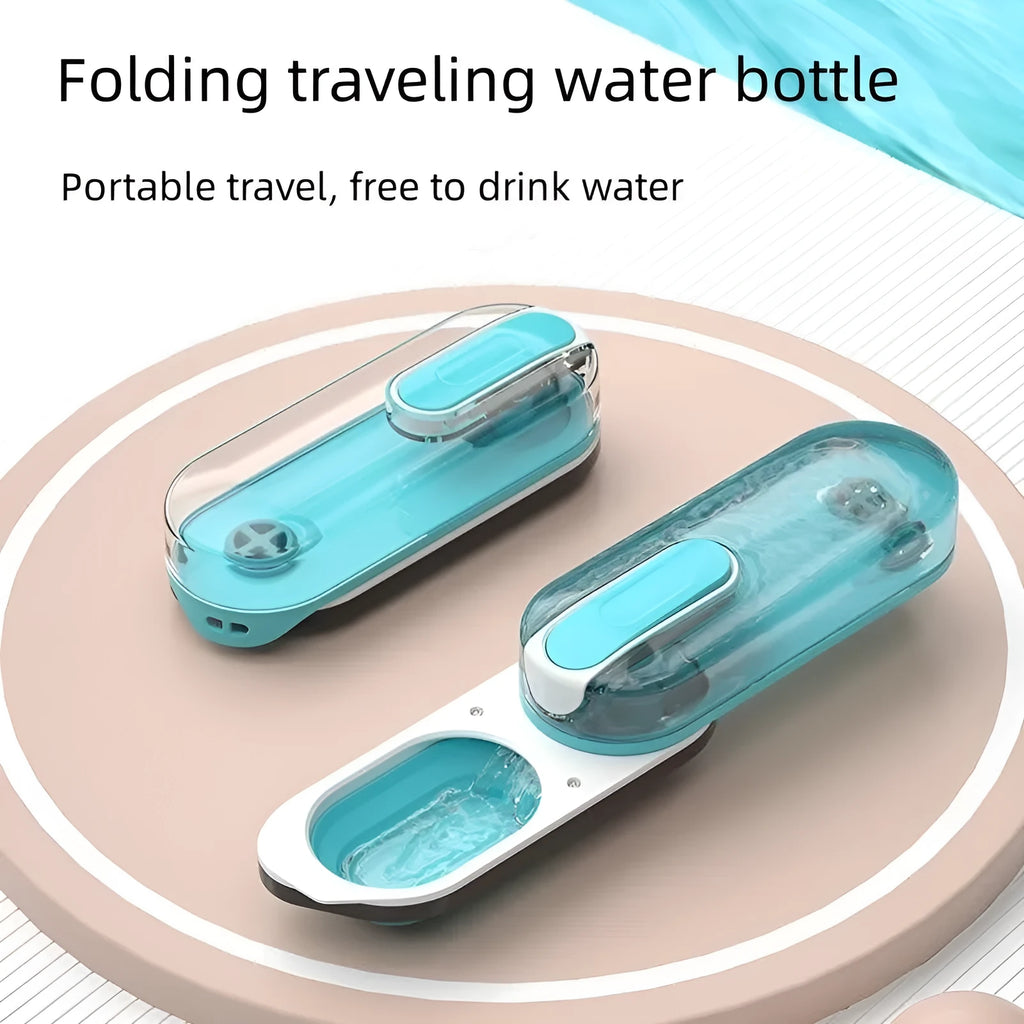 Portable pet water bottle with foldable silicone drinking bowl in blue colour