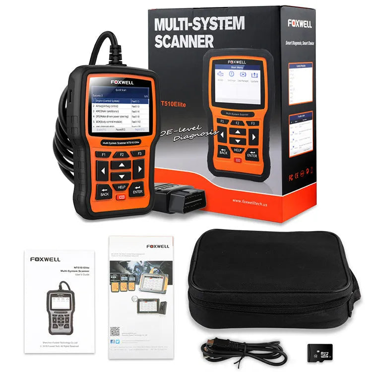 Orange and black Foxwell NT510 automotive diagnostic tool with display screen and data cable