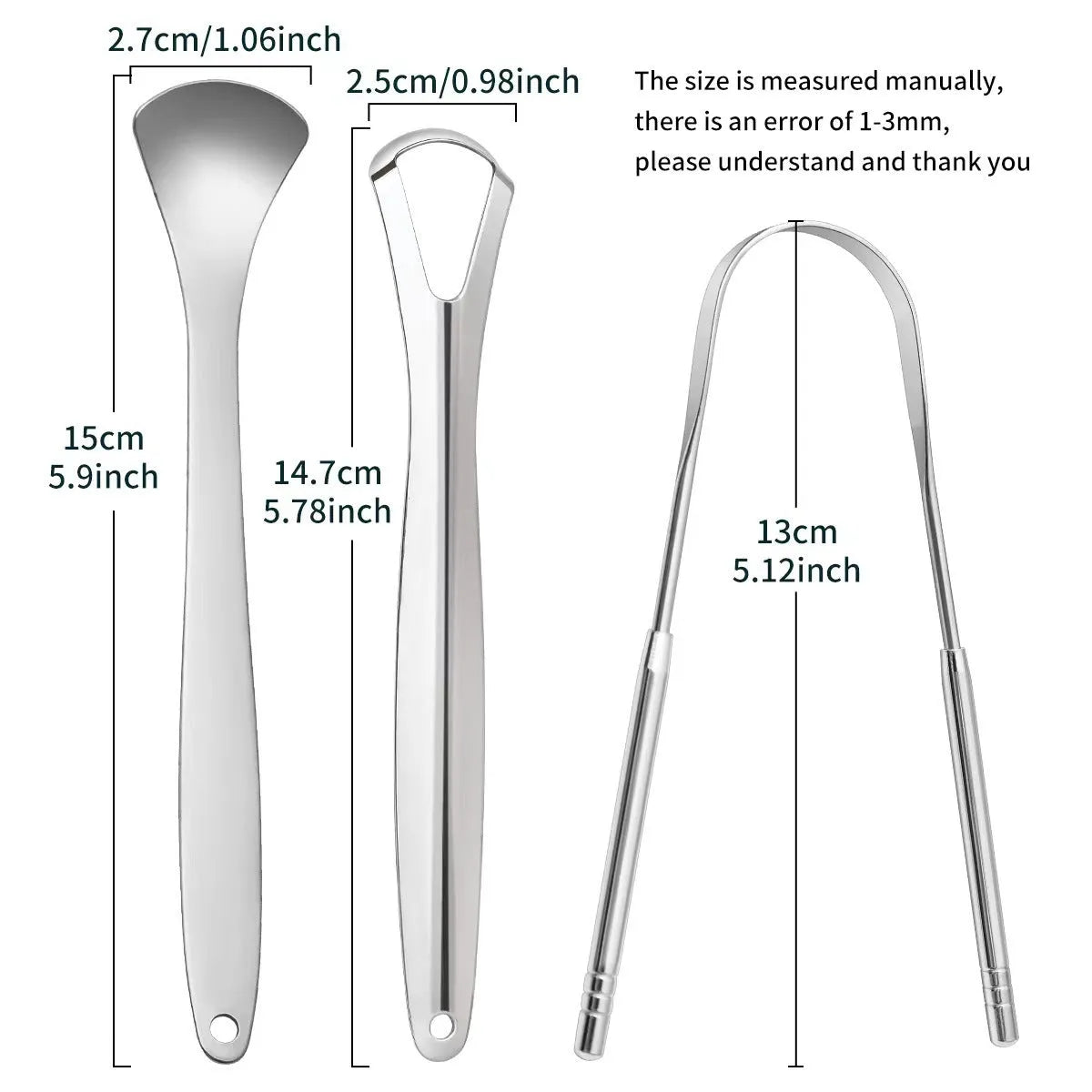 Stainless steel tongue coating cleaner set with U-shaped and spoon type scrapers in pearlescent bag packaging