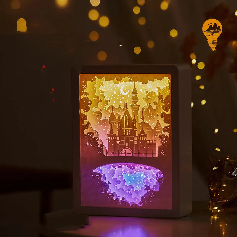 Paper carving design USB night light with remote control in ABS frame showing soft yellow and purple illumination options