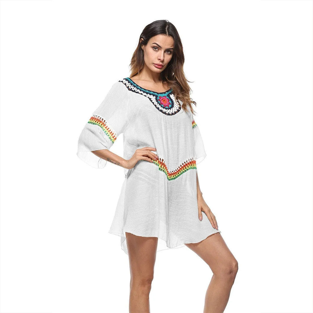 Women's crochet ethnic-style beach cover-up with long sleeves for sun protection