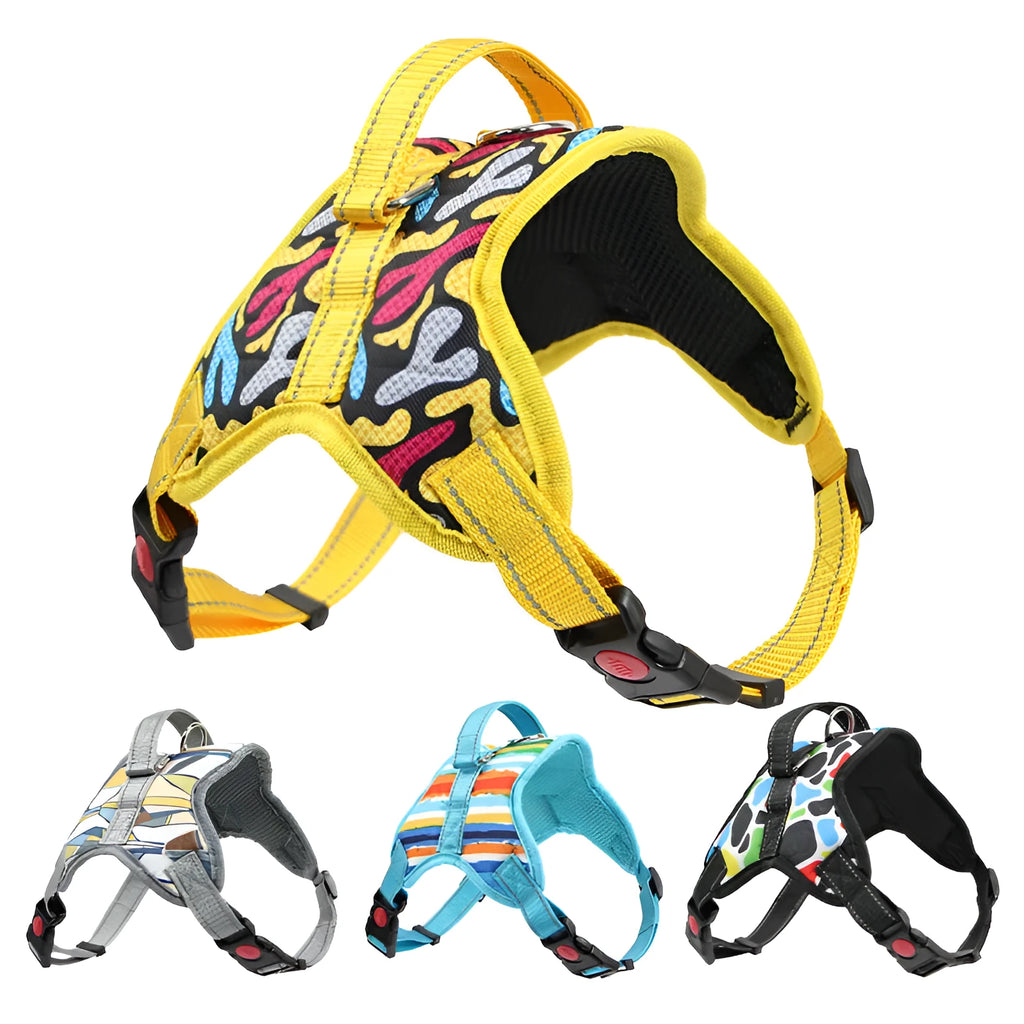 Polyester dog harness and lead set with adjustable chest strap, available in yellow, blue, grey and black.