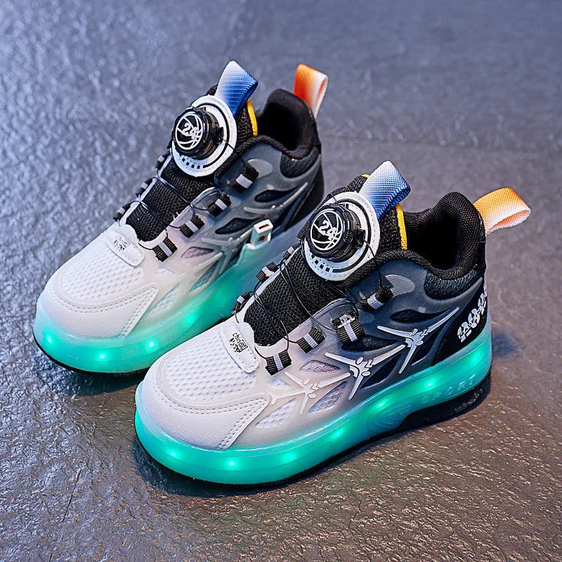 Blue children's knob roller skating shoes with striped pattern and rotating button closure.