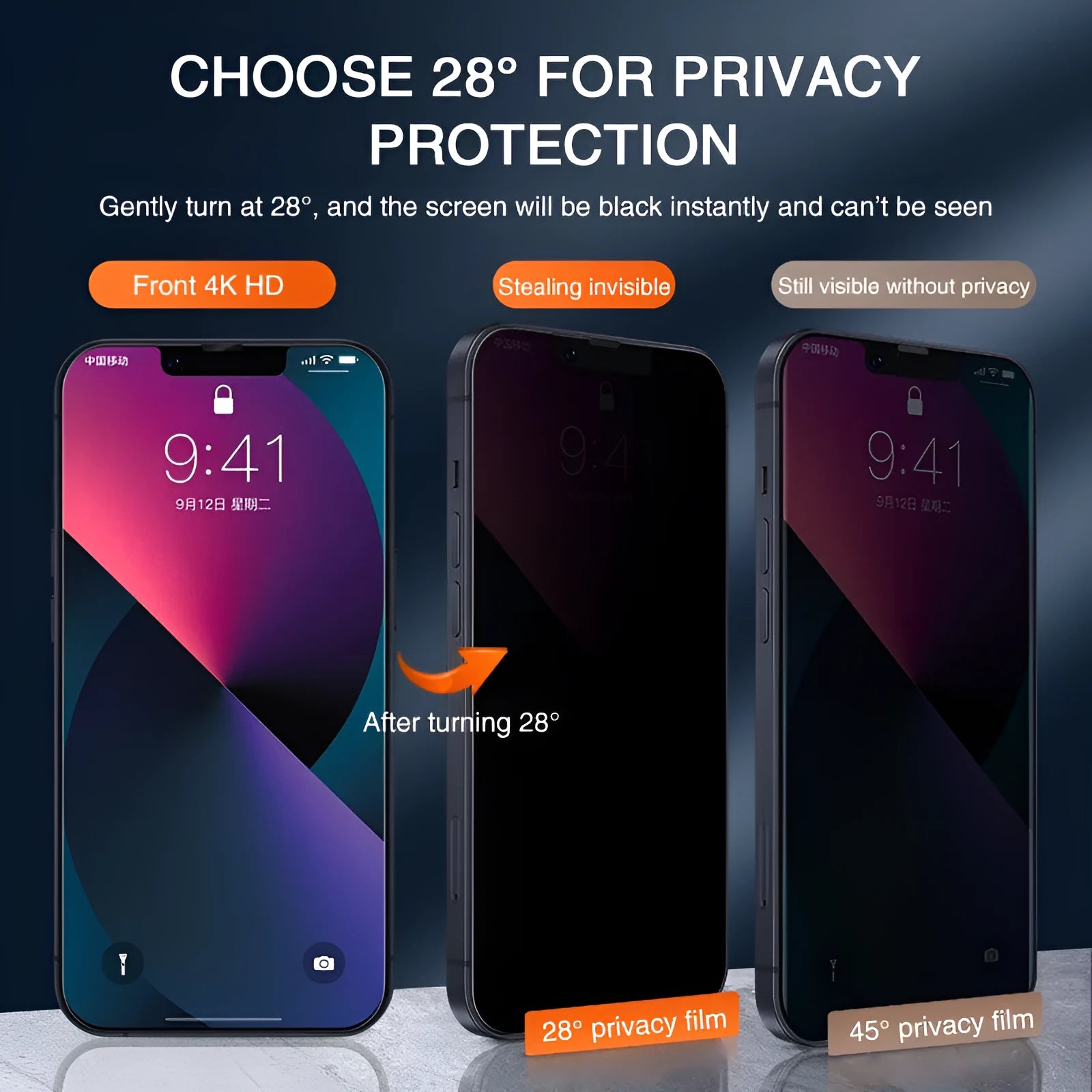 Anti-peeping tempered glass screen protector for iPhone on a phone display
