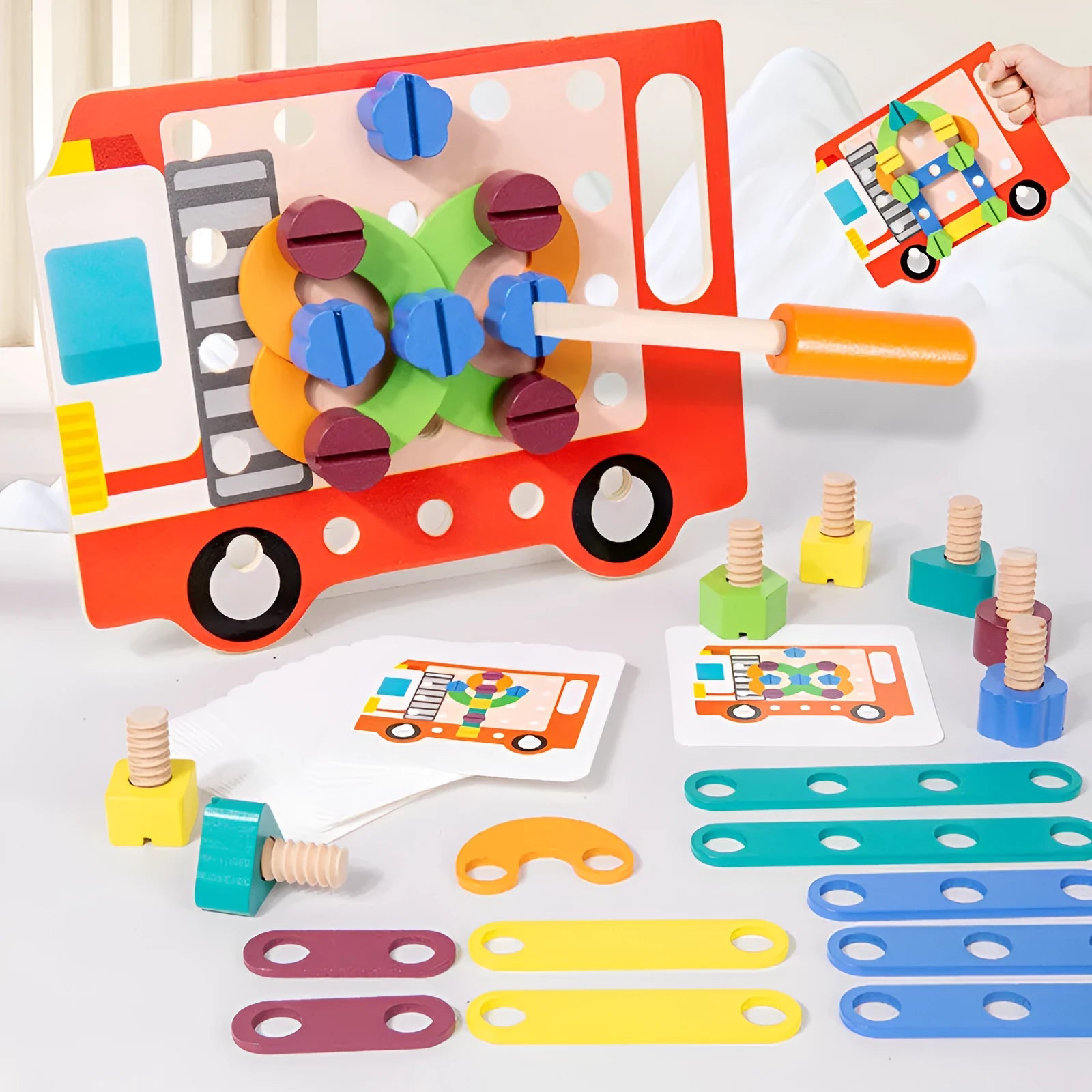 Children wooden twist screws changeable shape matching puzzle with colourful pieces on a white background
