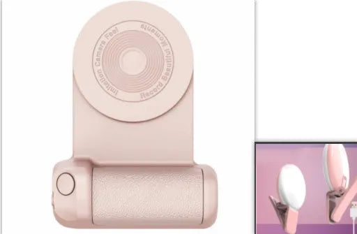 Black magnetic phone camera bracket with ergonomic PU leather handle on table