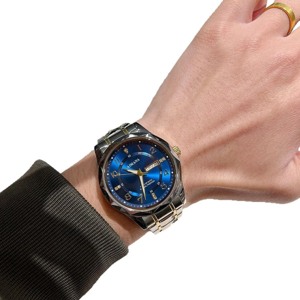 Women's dual calendar business watch with 7mm slim gold case, steel strip strap and white dial surface