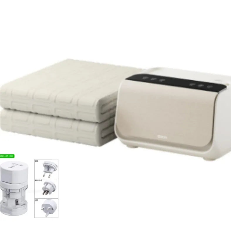 Aideng electric water blanket with smart host controller in two size options on a bed.