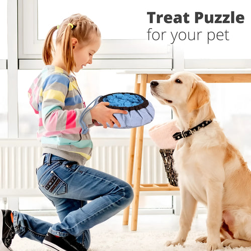 Blue adjustable dog snuffle mat spread out showing foraging folds for slow feeding