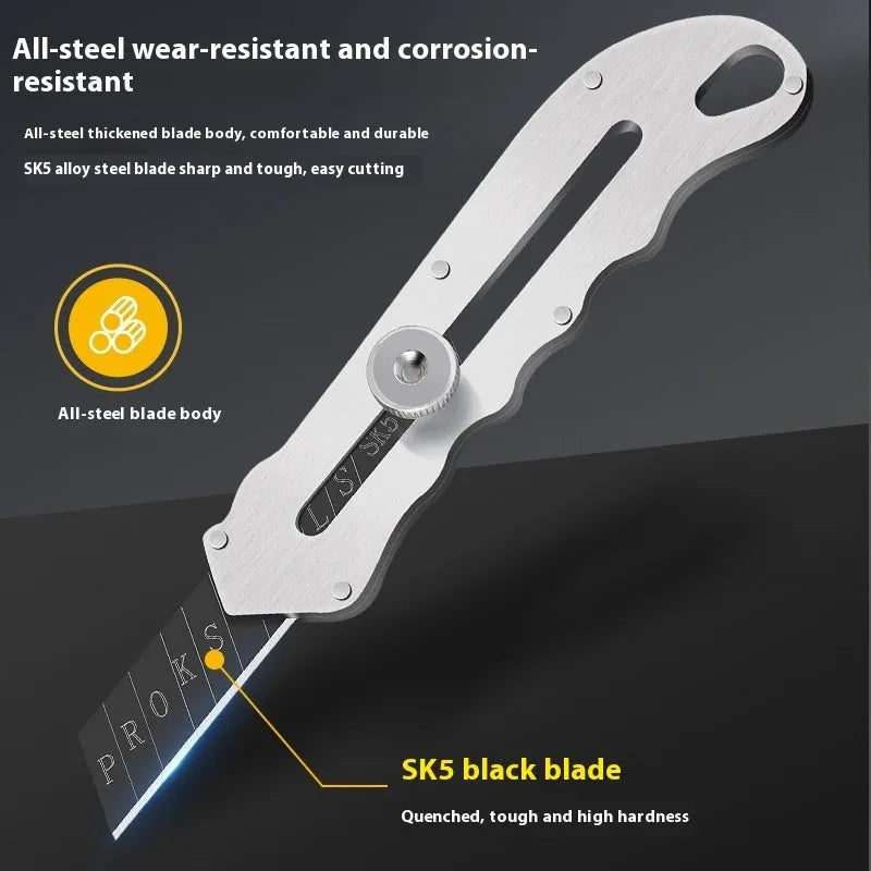 Stainless steel folding art knife with black blade and assorted replacement blades