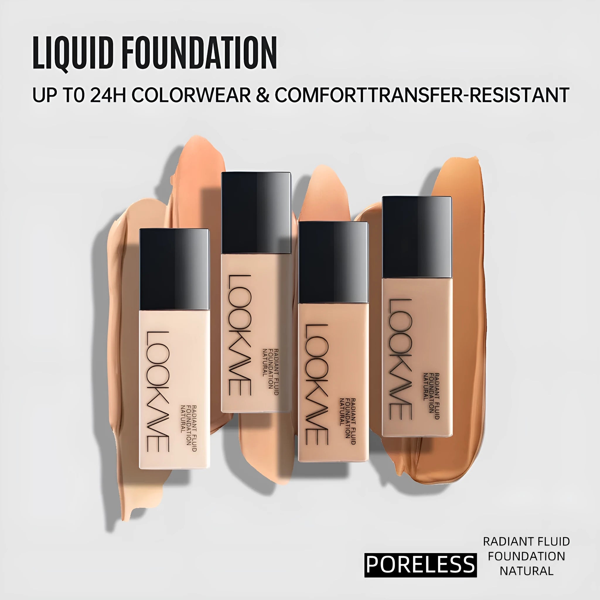 LOOKAVE Matte Liquid Foundation bottle in Ivory White, 21g net content, shown with LK63C shade range.