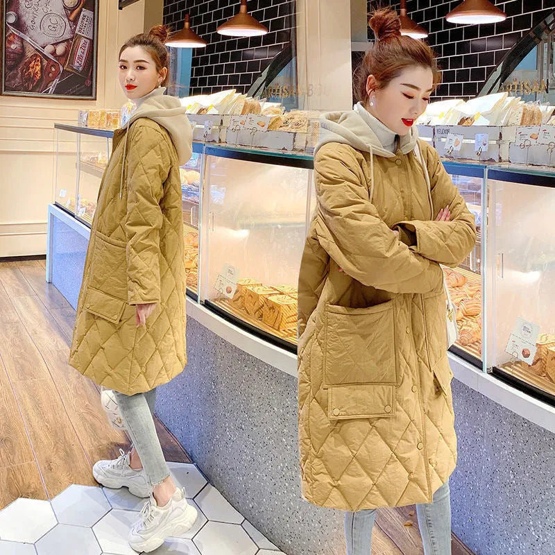 Women's over-the-knee rhombus plaid hooded jacket, loose fit, flight sleeves, Ginger Yellow colour