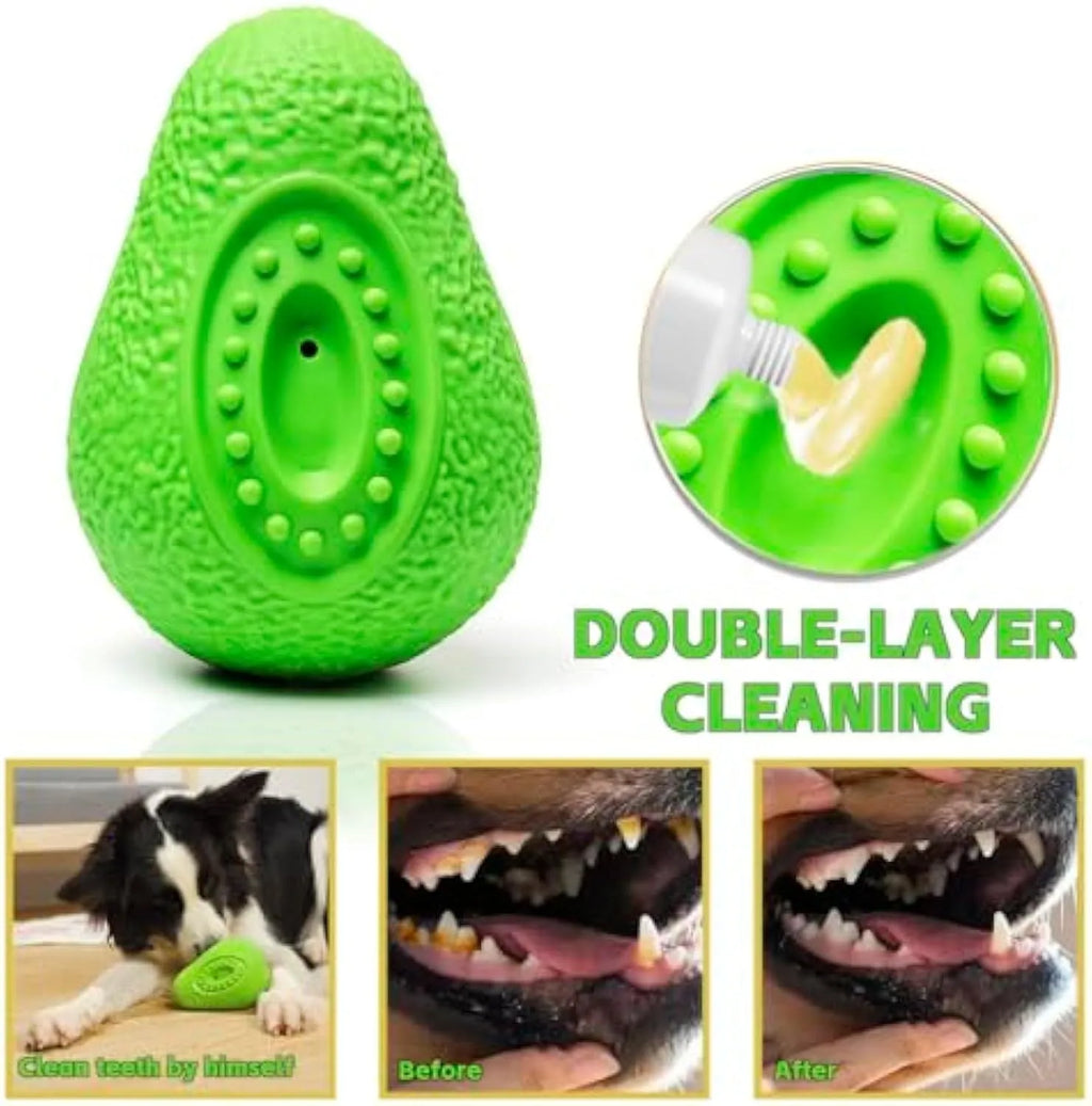 Green avocado-shaped heavy duty rubber dog chew toy for aggressive chewers and teeth cleaning.