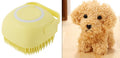 Silicone dog bath and massage brush in blue, pink, and yellow colours on a white background