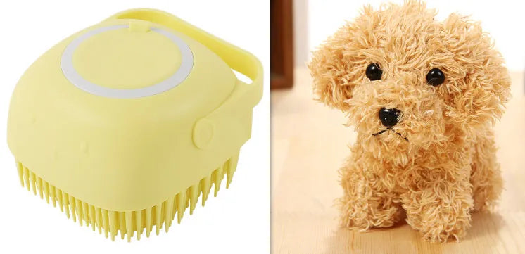 Silicone dog bath and massage brush in blue, pink, and yellow colours on a white background