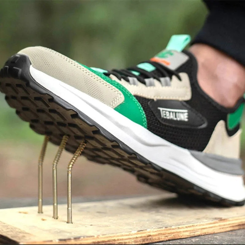Black green mesh plastic steel toe safety shoes with flyknit upper and low-top design